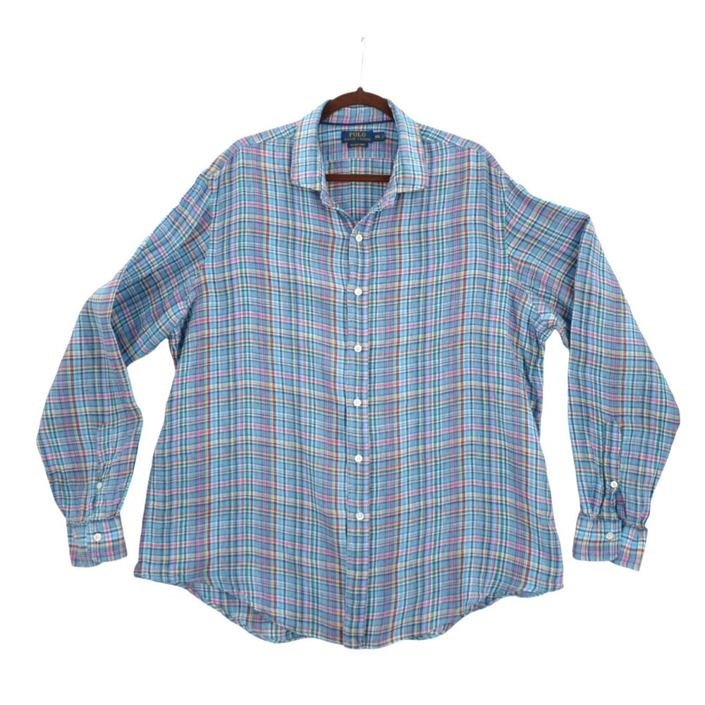 Polo Ralph Lauren Shirt 2XL Linen Plaid Blue Multicolor Long Sleeve Button Down